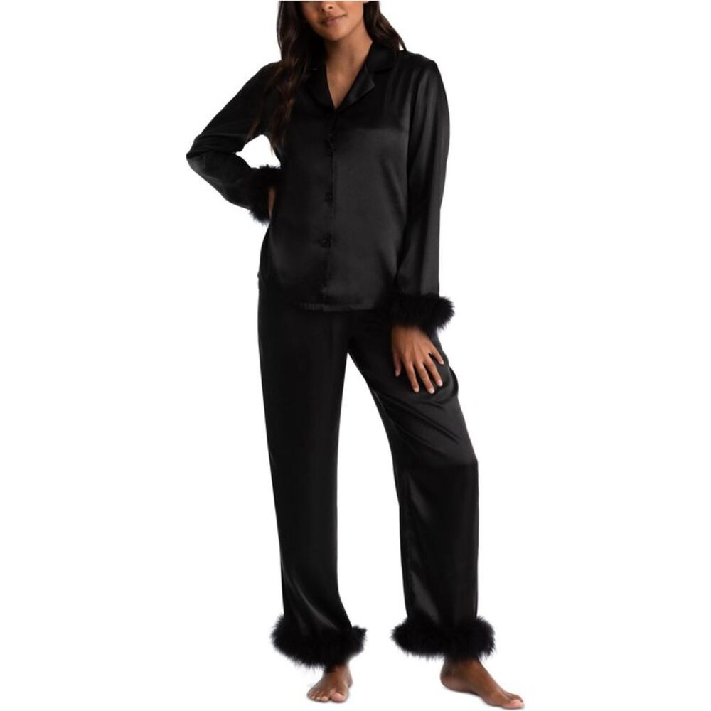 Linea Donatella Womens Feather, Satin Pajama Set, Black, M, MP